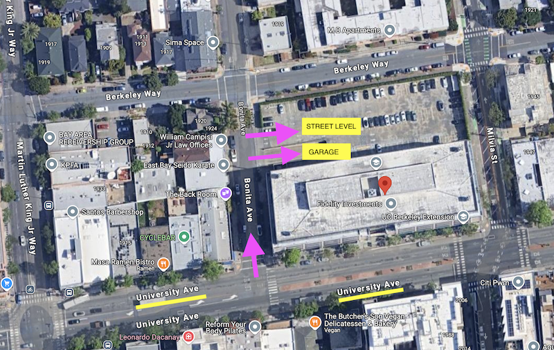 Overhead Google view of 1995 University Ave with arrows pointing to parking options