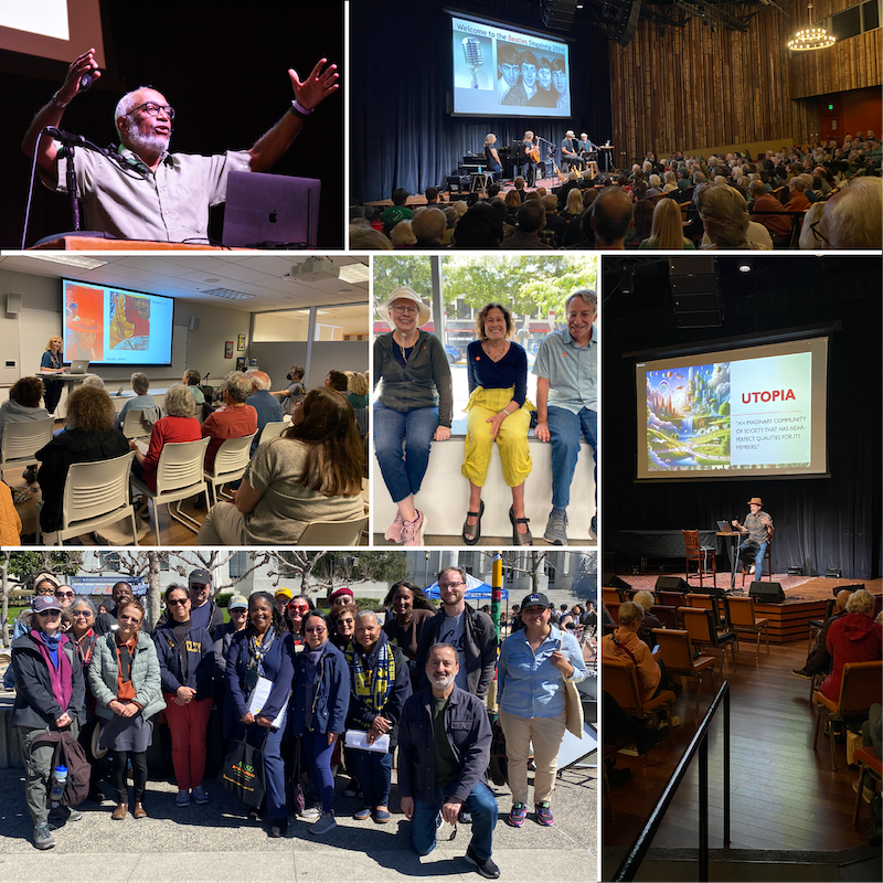 Mosaic of OLLI community members in classrooms and exploring the world