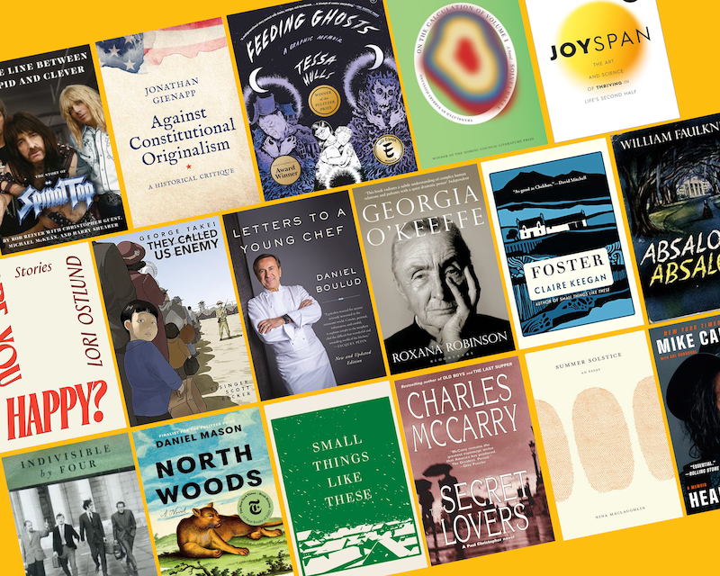 Collage of book covers against a bright yellow background