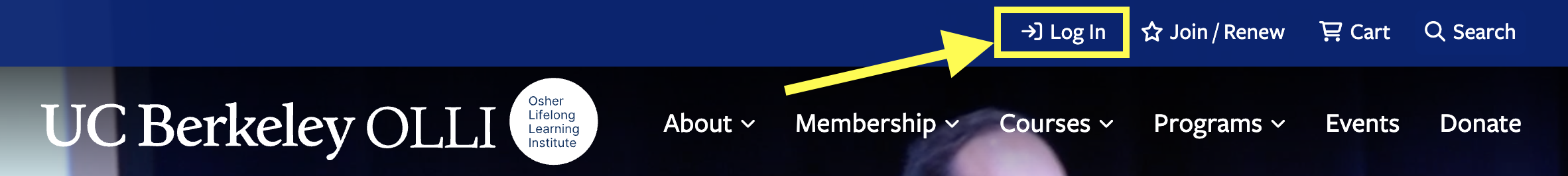 View of OLLI homepage with the "Log In" button outlined in yellow